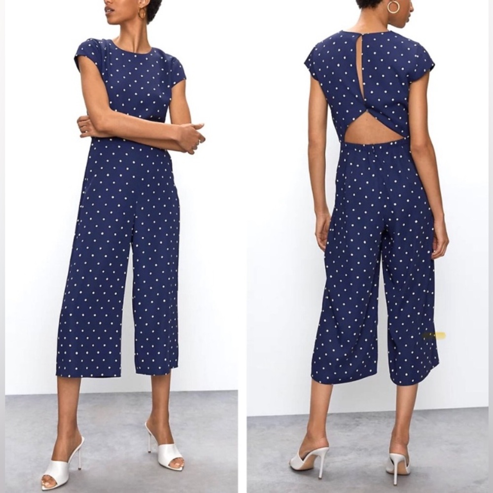 Aritzia Babaton Hamptons jumpsuit polka dot navy blue culottes cut-out back - Picture 1 of 5